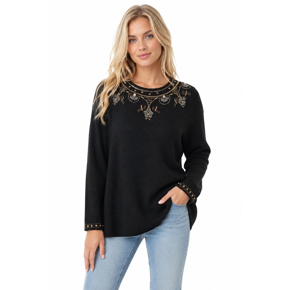 Vtg Boundary Waters Black Angora Lambswool Beaded Sweater Tunic M Embellished‎